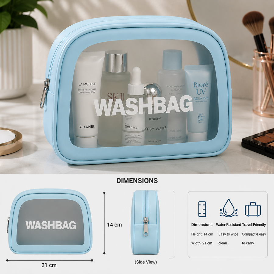 Blue Minimalist Transparent Washbag Pouch Travel Cosmetic Toiletry Organizer
