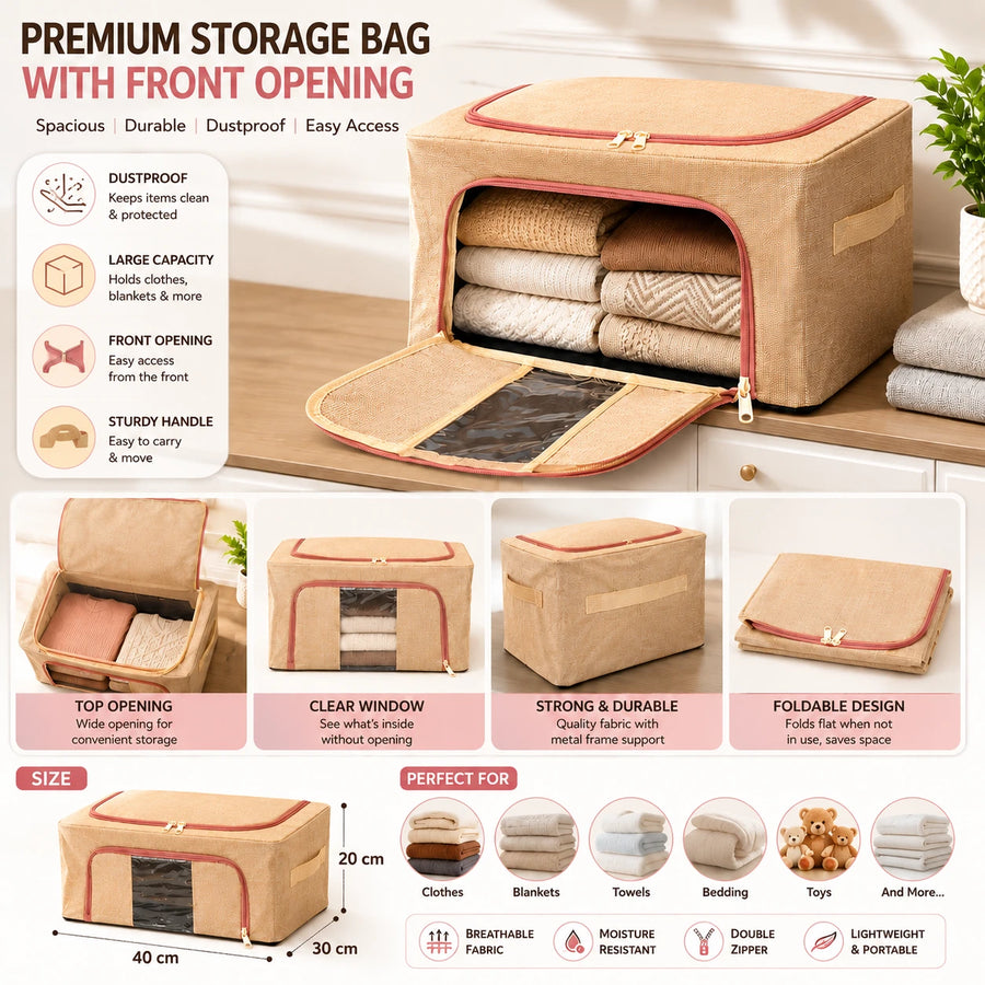 Storage Bag With Front Opening Foldable Clothes Blanket Organizer Storage Box