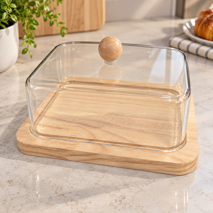 Plexiglass Butter Dish with Wooden Base & Clear Cover 15.5 × 13 cm