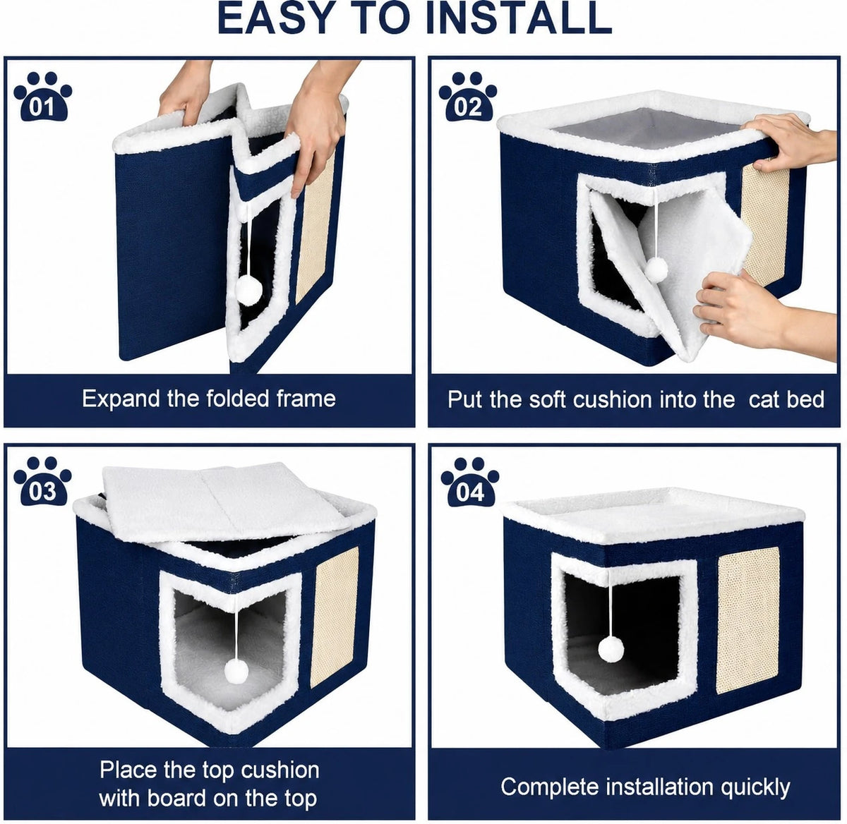 Cat House Bed Scratcher Condo Navy Blue Pet Hideaway Cozy Cat Cube Interactive Cat Cave Indoor Pet Furniture