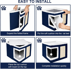 Cat House Bed Scratcher Condo Navy Blue Pet Hideaway Cozy Cat Cube Interactive Cat Cave Indoor Pet Furniture