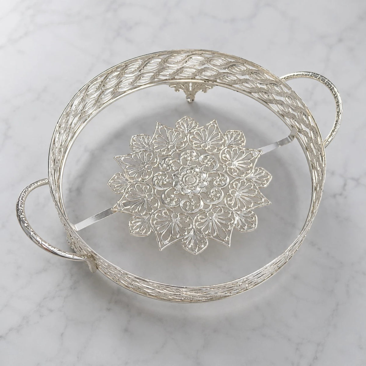 Decorative Silver Serving Tray With Glass Bowl Elegant Round Cake Fruit Dessert Display Bowl With Handles - Image 2