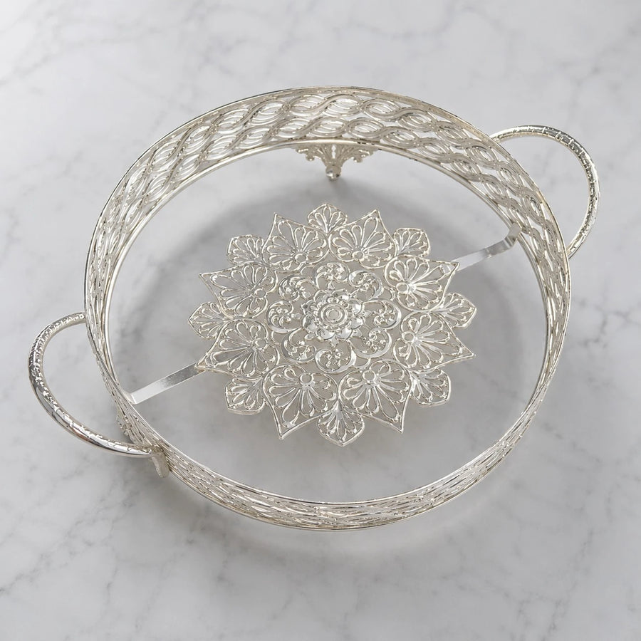 Decorative Silver Serving Tray With Glass Bowl Elegant Round Cake Fruit Dessert Display Bowl With Handles