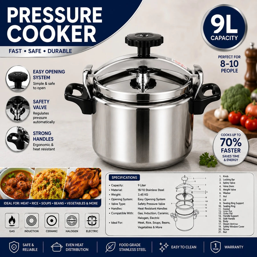 Pressure Cooker 9 Liter Stainless Steel Fast Cooking Pot Easy Opening Safety Valve Induction Gas Kitchen Cookware Heavy Duty Family Cooking Pot