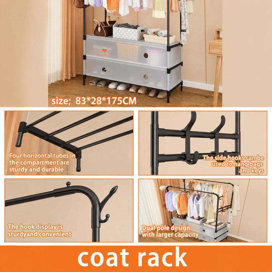 Double Clothes Rack with Storage Flip Covers Multifunctional Wardrobe Organizer & Shoe Cabinet