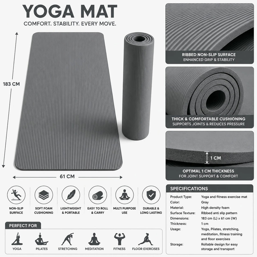 Ribbed Yoga Exercise Mat Non Slip Thick Foam Fitness Pilates Workout Mat