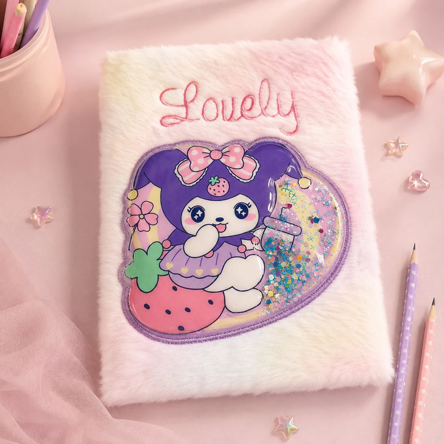 Fluffy Plush Notebook with Glitter Cartoon Cover & Lined Pages for Kids