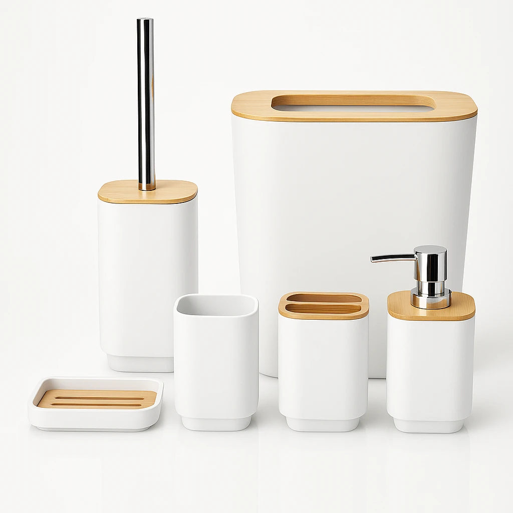 Modern Bamboo Bathroom Set, 6 Pieces Bathroom Accessories Organizer With Soap Dispenser, Toothbrush Holder, Trash Bin and Toilet Brush