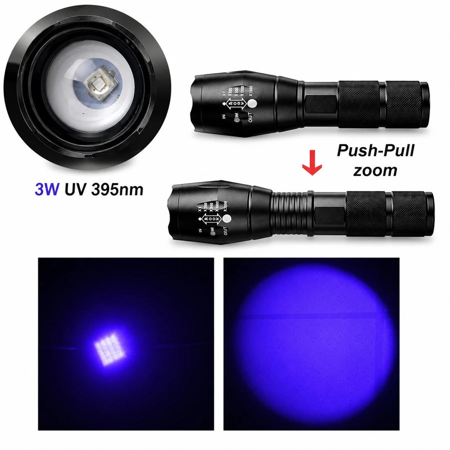 UV Flashlight 3W 395nm Tactical Zoom Torch LED Black Light Waterproof Adjustable Focus Handheld Inspection Flashlight