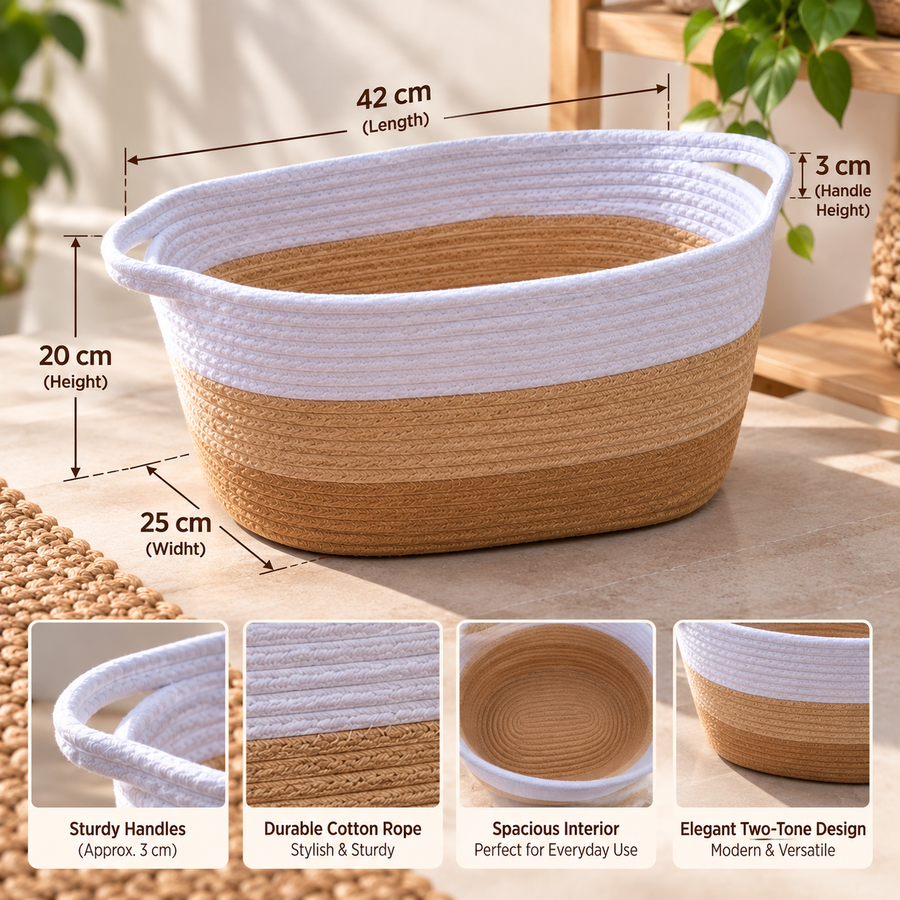 Two Tone Woven Storage Basket with Handles 42 cm