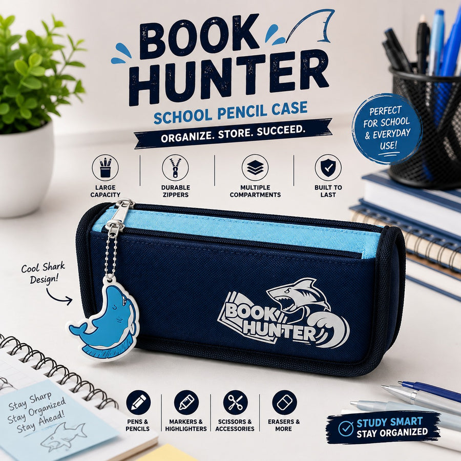 Book Hunter School Pencil Case Large Capacity Stationery Organizer with Shark Charm