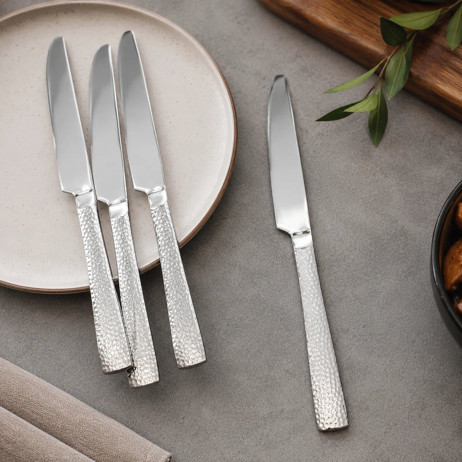 Stainless Steel Dinner Knife Set of 6 | Hammered Handle Table Knives