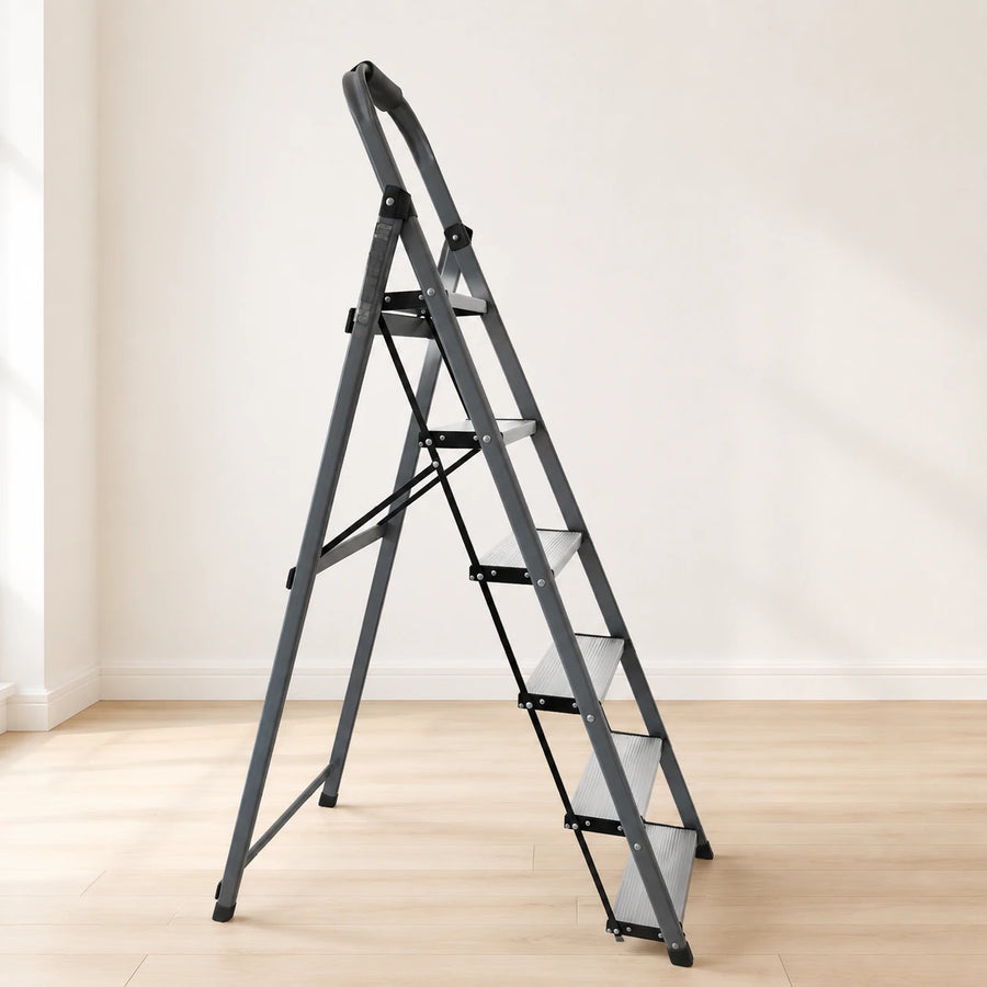 6 Step Folding Ladder with Wide Anti Slip Steps Padded Safety Handle & Rubber Feet