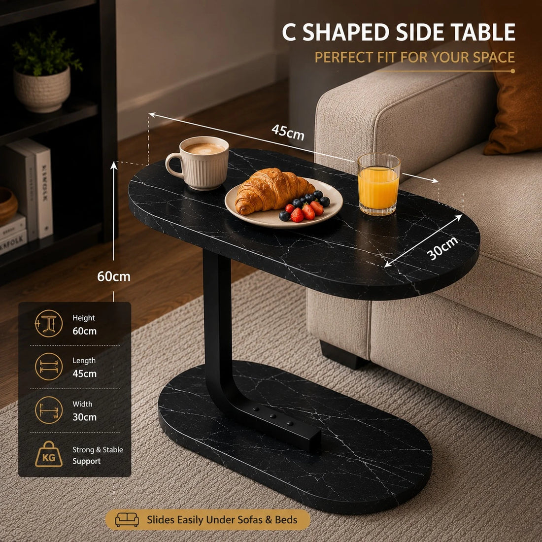C Shaped Side Table Black Marble Sofa Bedside Table Modern Coffee Laptop Snack Table