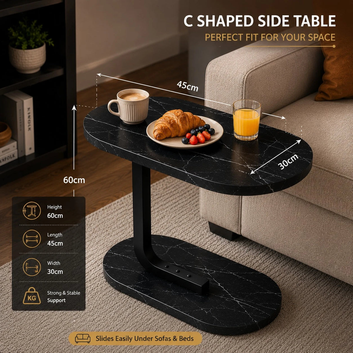 C Shaped Side Table Black Marble Sofa Bedside Table Modern Coffee Laptop Snack Table