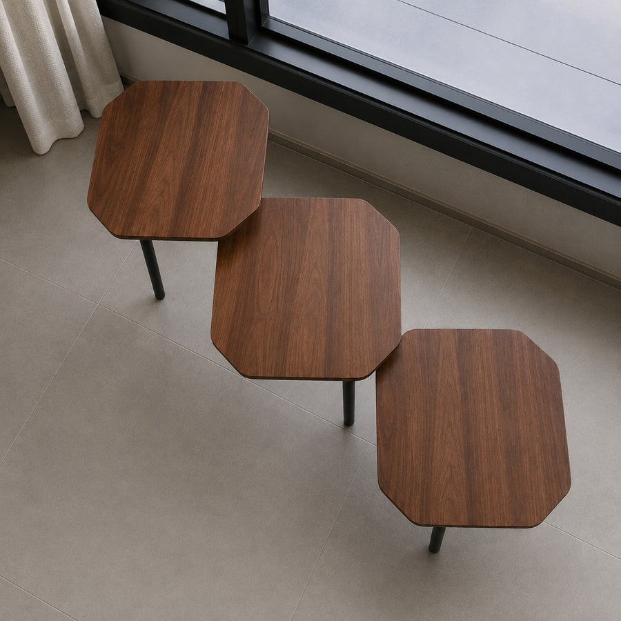 3 Piece Nesting Side Table Set with Wooden Top Aluminum Legs Modern Living Room Coffee Tables