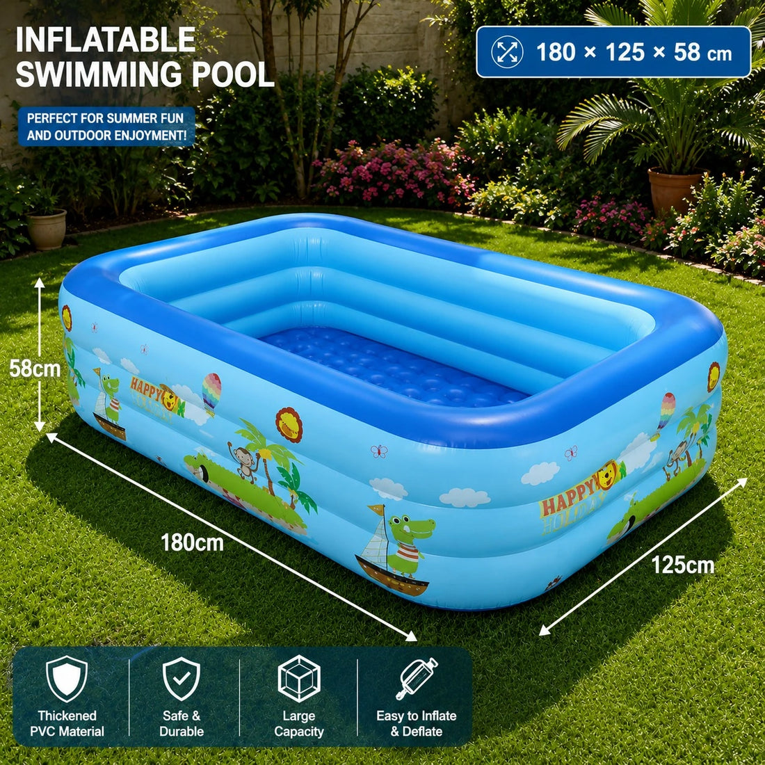 Inflatable Swimming Pool Medium Large Size 180x125x58cm 3 Layer Family Garden Pool Outdoor Water Play Pool