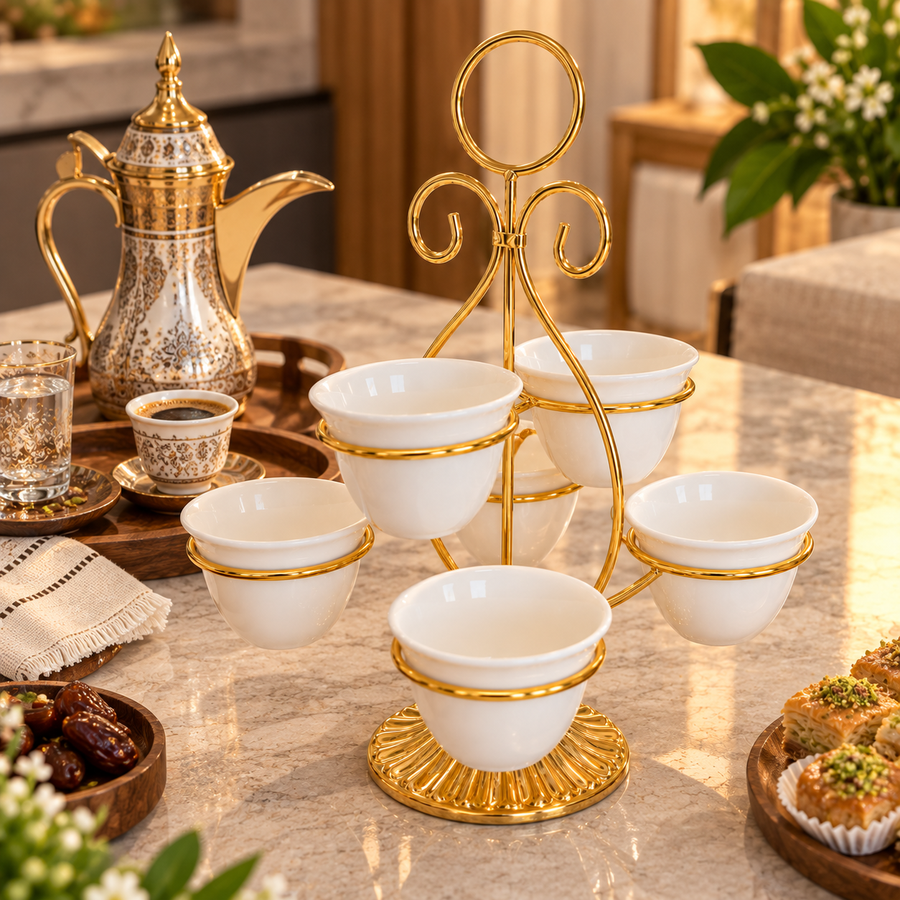 Elegant Gold Coffee Cup Serving Stand with 6 Removable Cups
