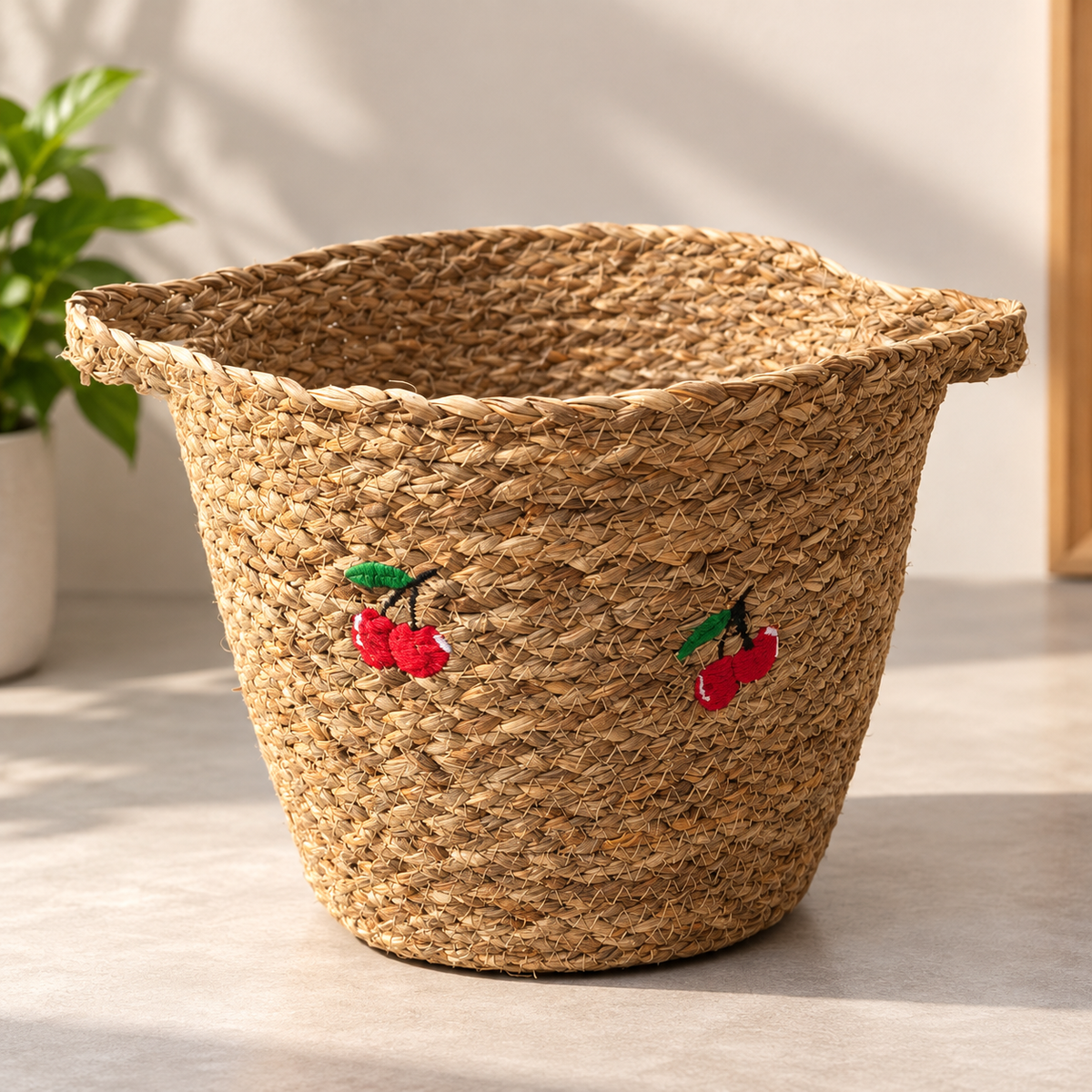 Woven Seagrass Storage Basket with Cherry Design and Side Handles