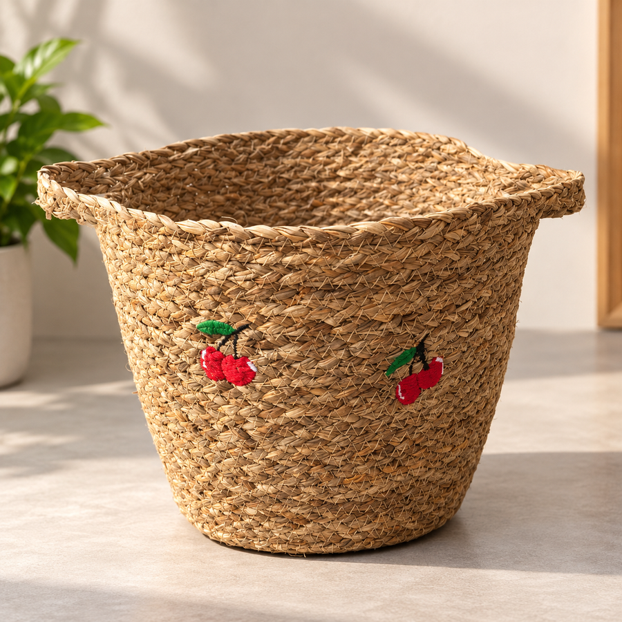 Woven Seagrass Storage Basket with Cherry Design and Side Handles