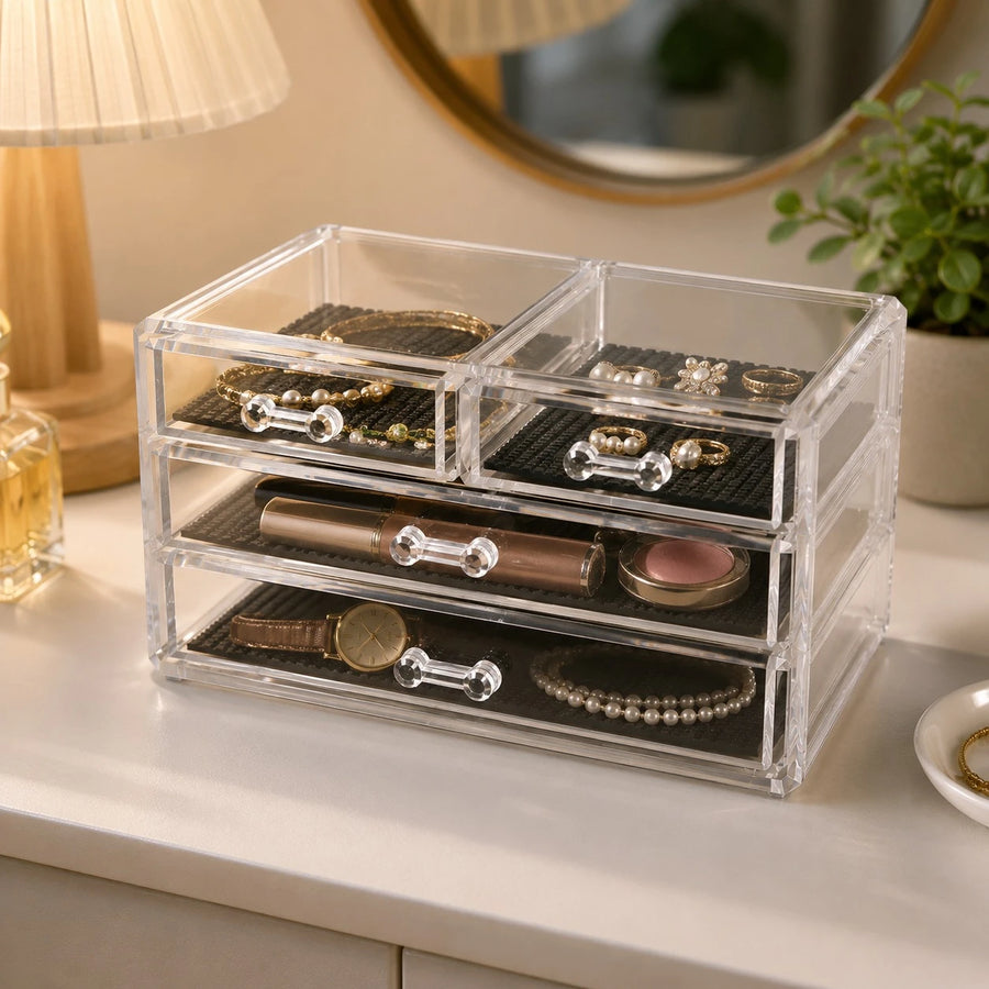 Acrylic Storage Organizer Clear 4 Drawer Jewelry Makeup Cosmetic Skincare Vanity Desktop Accessories Organizer Box With Non Slip Mats