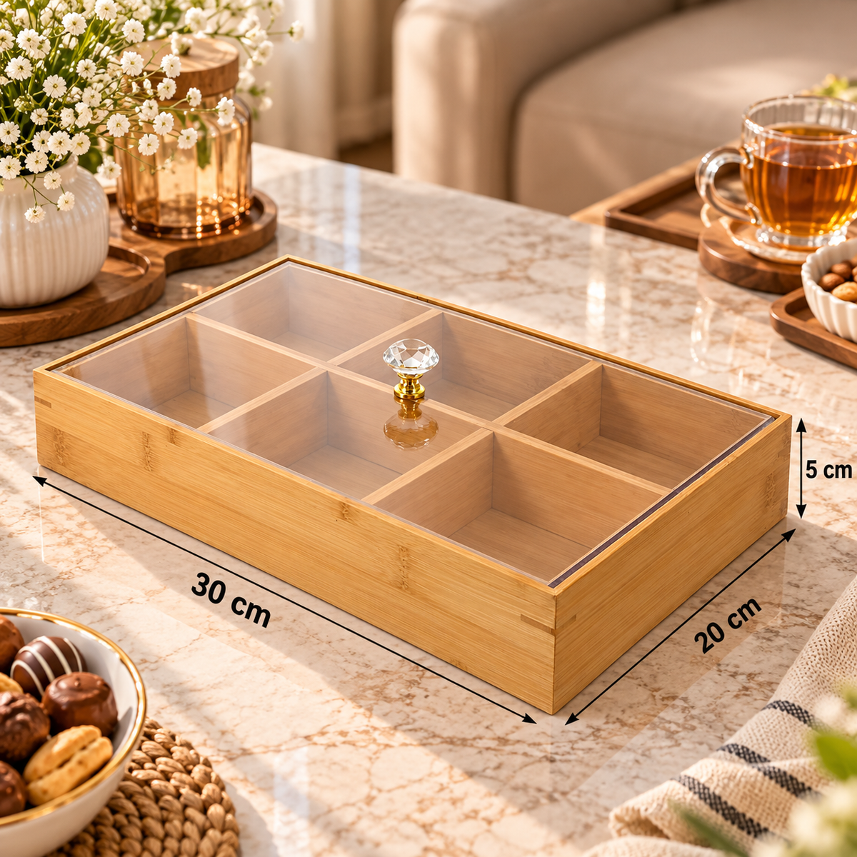 6 Compartment Bamboo Candy Box