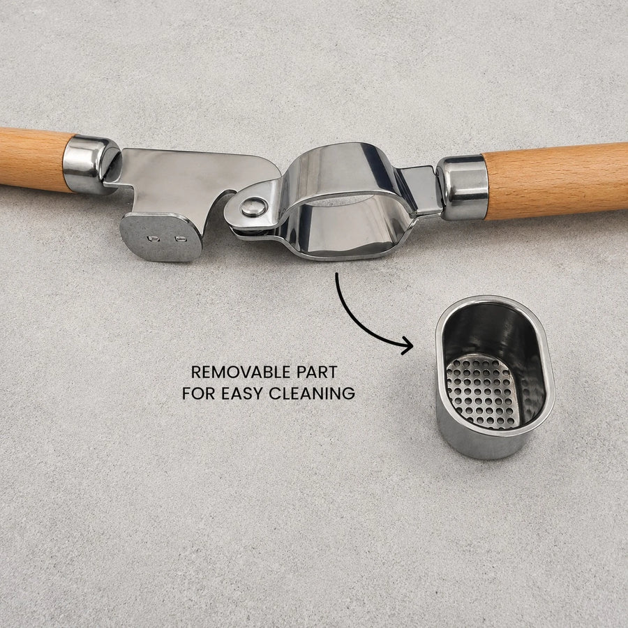 Adawat Garlic Press Stainless Steel Garlic Crusher Mincer with Wooden Handle Removable Basket Easy Clean
