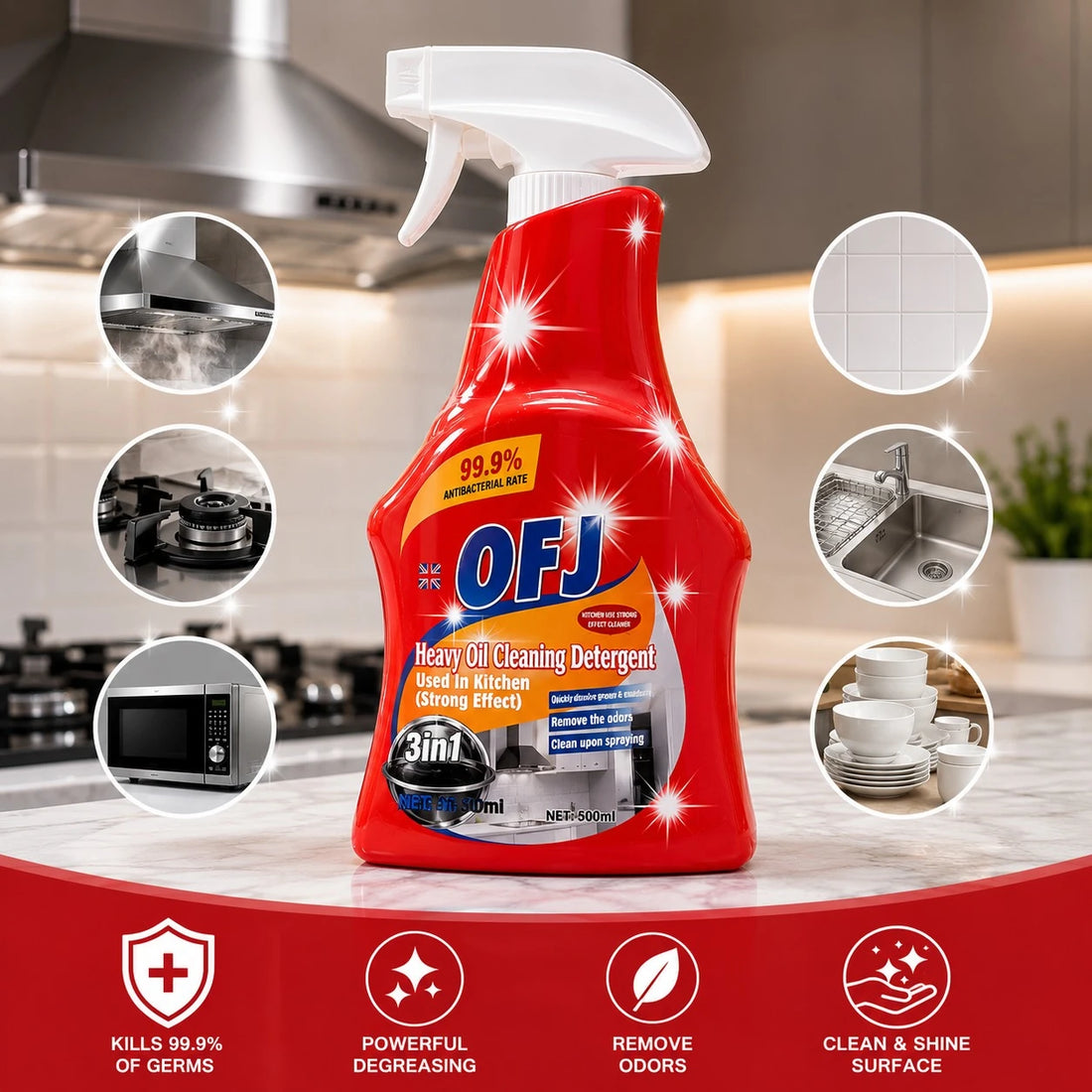 OFJ Heavy Oil Cleaning Detergent Kitchen Degreaser Spray 3 In 1 500ml Grease Remover Cleaner