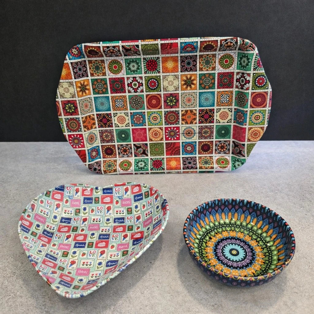 Turkish Metal Serving Tray Set Heart Bowl Saucer Mandala Mosaic Design Coffee Sweet Serving Set Assorted - Image 3