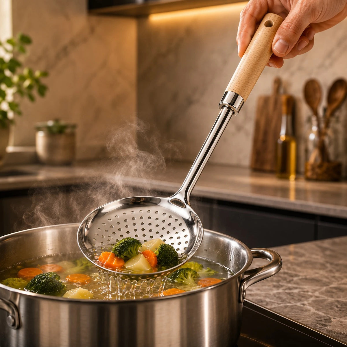 Adawat Stainless Steel Skimmer Wooden Handle Kitchen Strainer Spoon Food Skimmer Frying Spoon Soup Strainer 34 cm - Image 4