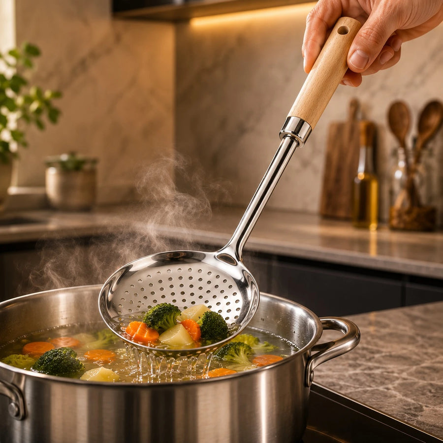 Adawat Stainless Steel Skimmer Wooden Handle Kitchen Strainer Spoon Food Skimmer Frying Spoon Soup Strainer 34 cm