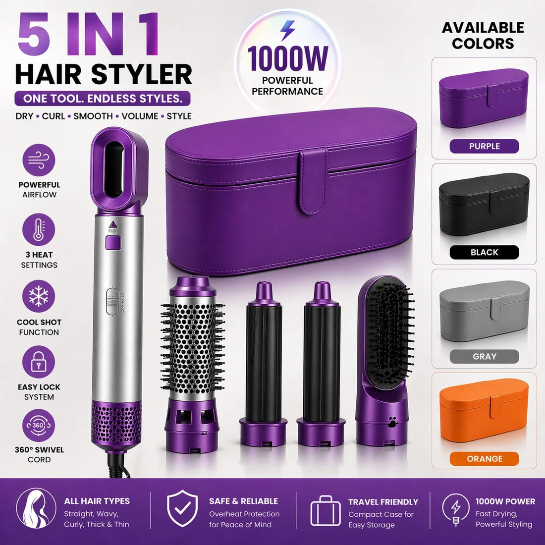 5 in 1 Travel Hair Styler 1000W Hot Air Hair Brush Dryer Curler Volumizer Straightener Blow Dryer Brush Multi Styler Set with Storage Case