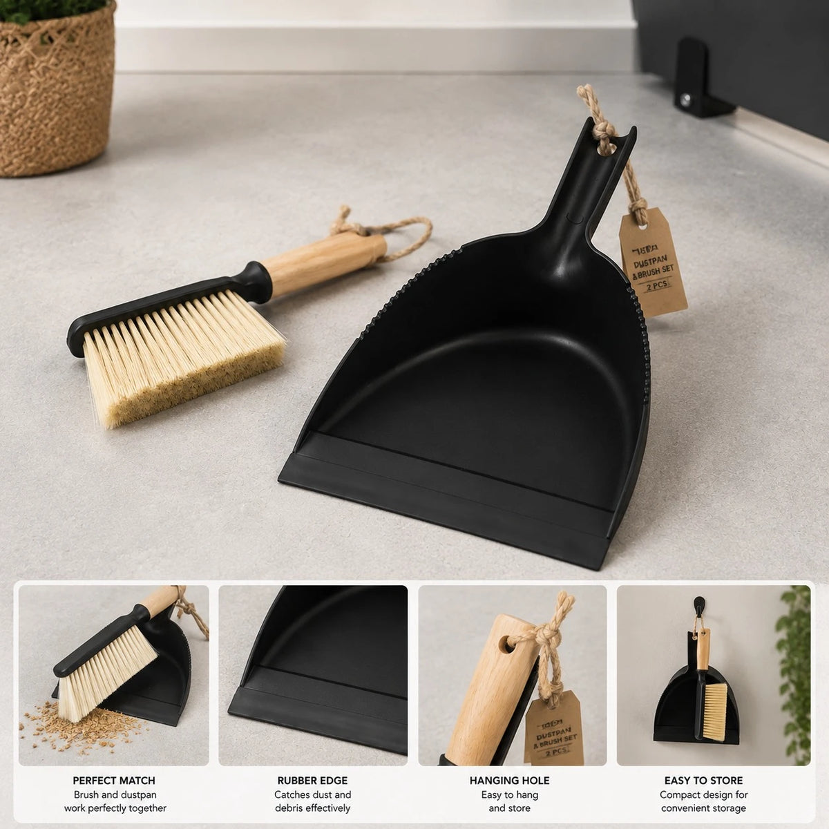 Dustpan and Brush Set 2 PCS Hand Broom Cleaning Set with Wooden Handle Rubber Edge Gray White - Image 2