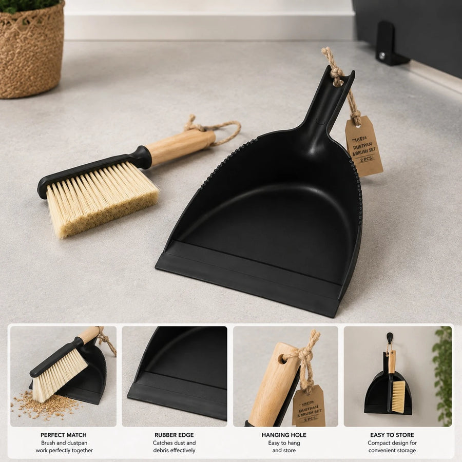 Dustpan and Brush Set 2 PCS Hand Broom Cleaning Set with Wooden Handle Rubber Edge Gray White