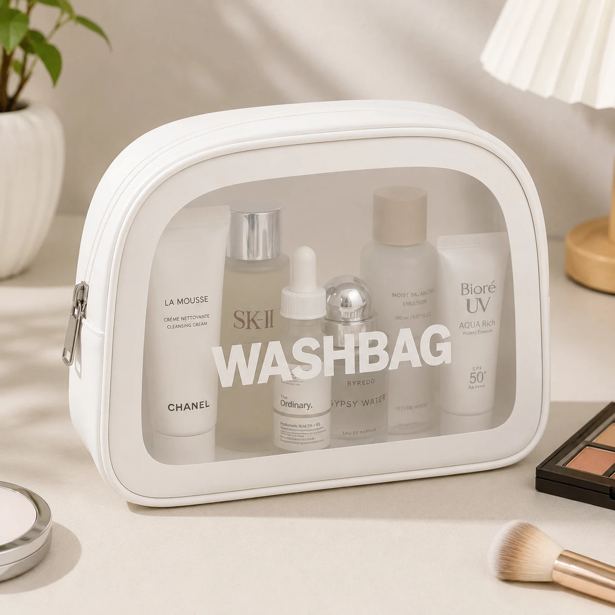 White Minimalist Transparent Washbag Pouch Travel Cosmetic Toiletry Organizer