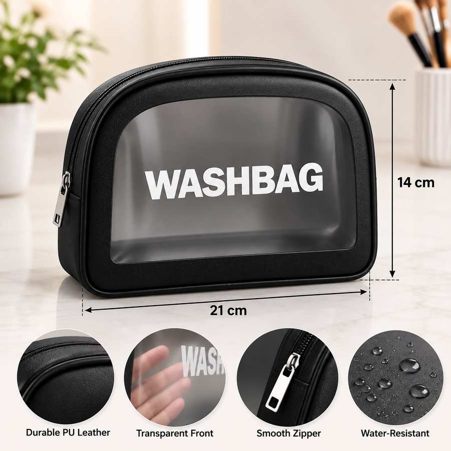 Black Minimalist Transparent Washbag Pouch Travel Cosmetic Toiletry Organizer