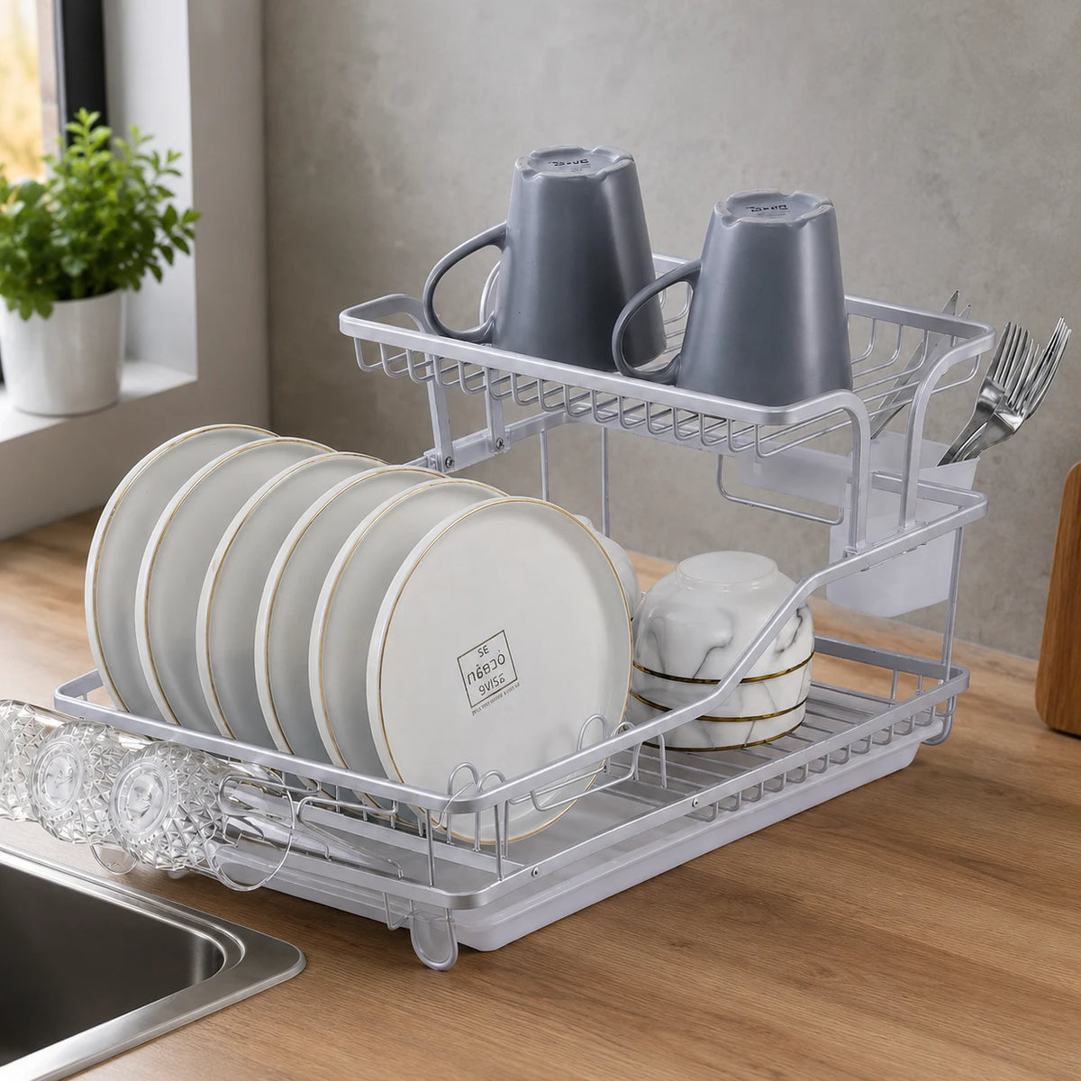2 Tier Aluminum Dish Drying Rack with Drain Tray and Utensil Holder for Kitchen Countertop