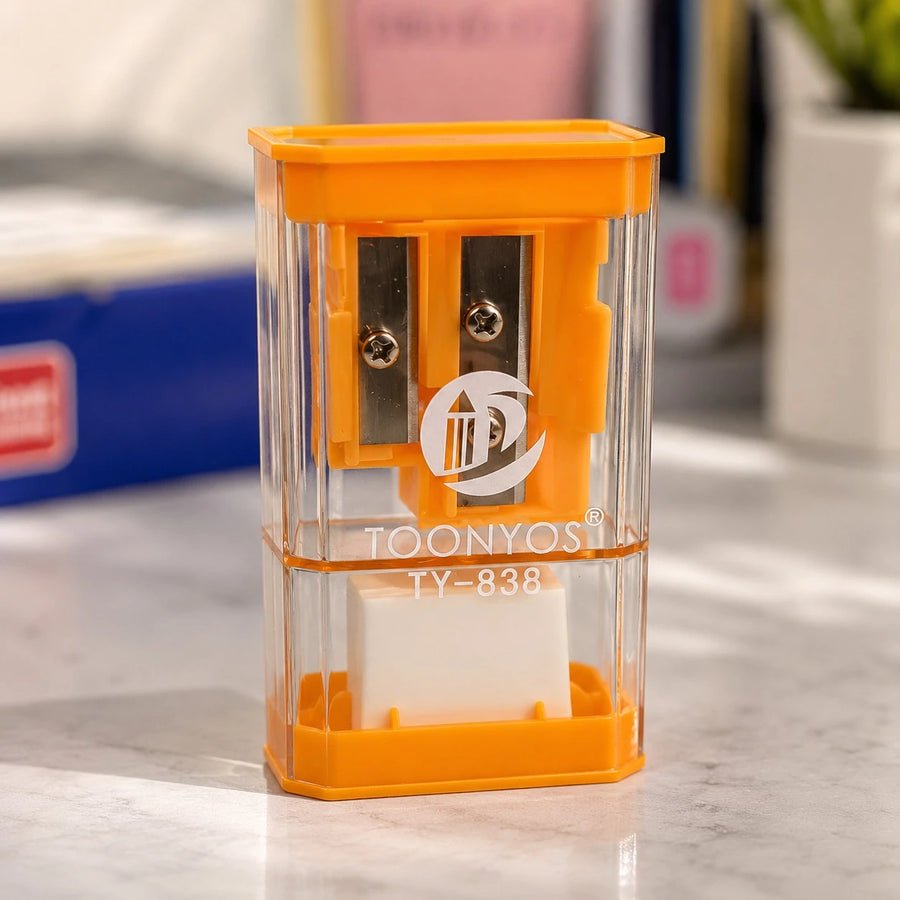 Double Hole School Pencil Sharpener with Shavings Container Eraser & Back Mirror