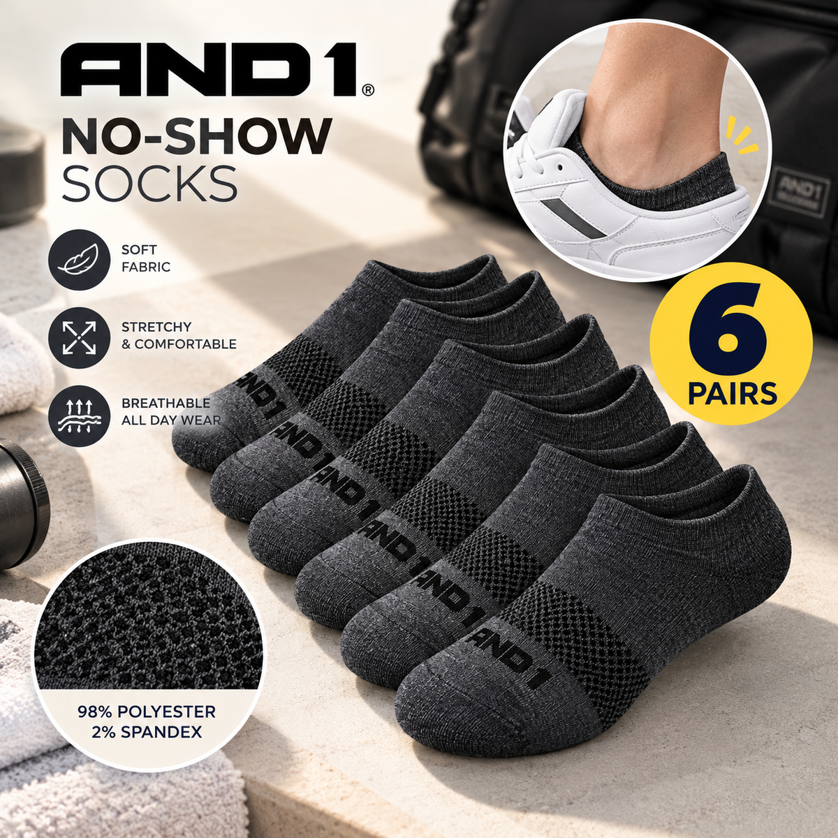 AND1 No Show Socks Set of 6 Pairs Dark Gray