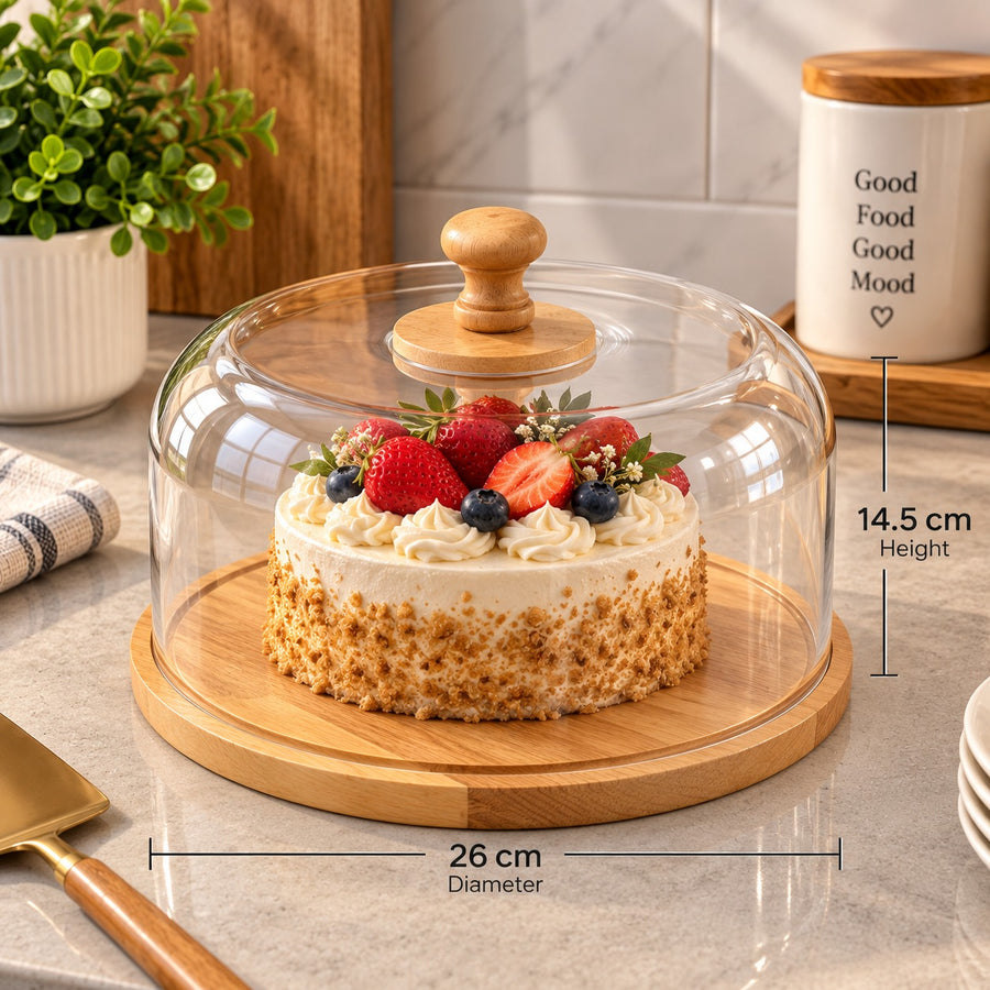 Round Cake & Cheese Serving Board with Clear Acrylic Dome and Rubber Wood Base 26 cm