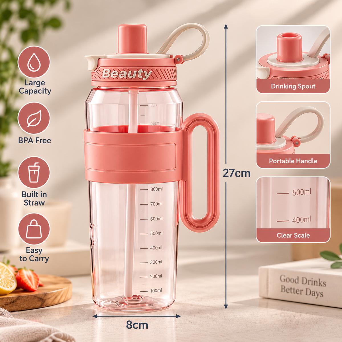 1200ml Water Bottle with Straw and Handle
