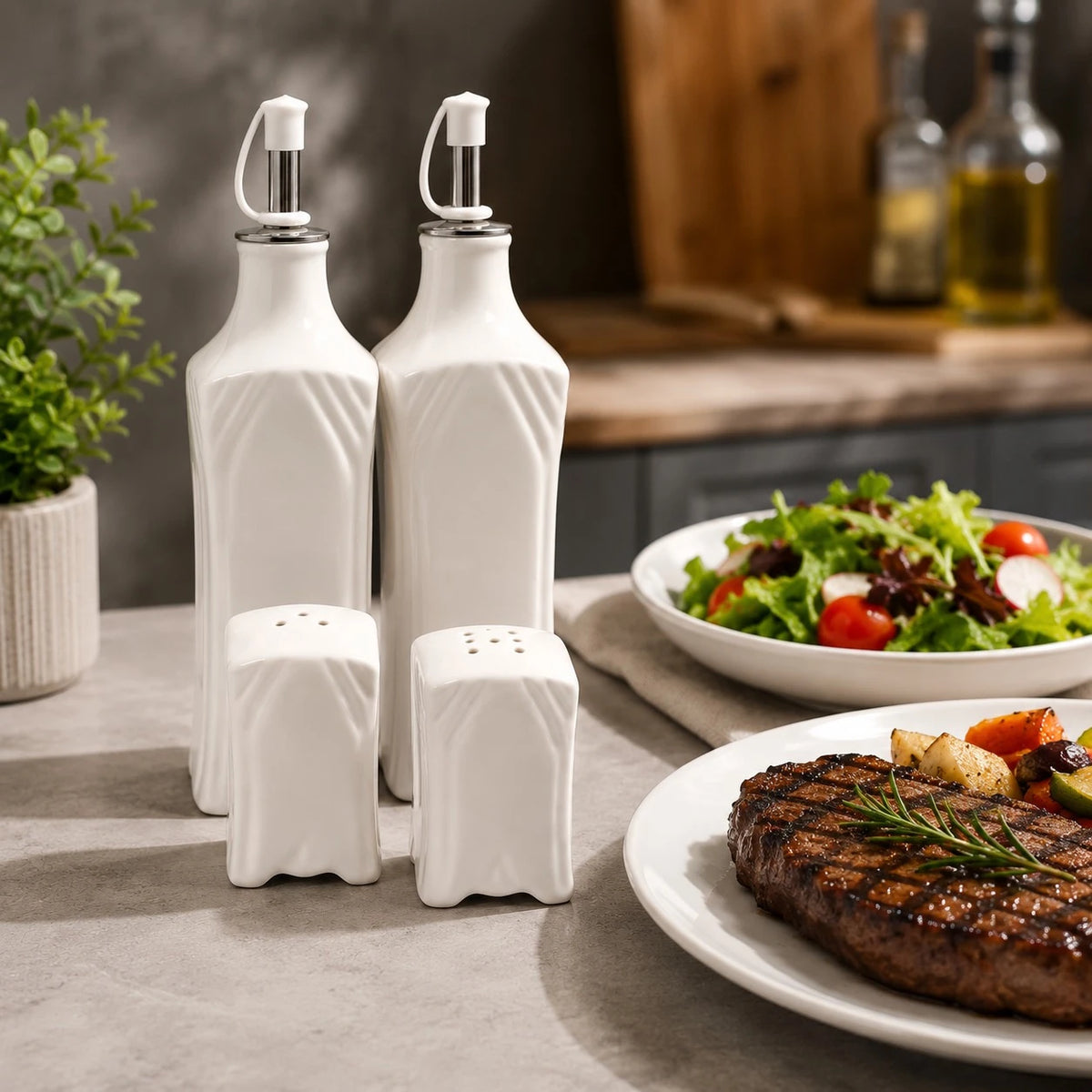 Porcelain Oil Vinegar Salt And Pepper Set Kitchen Condiment Dispenser Bottles With Bamboo Holder