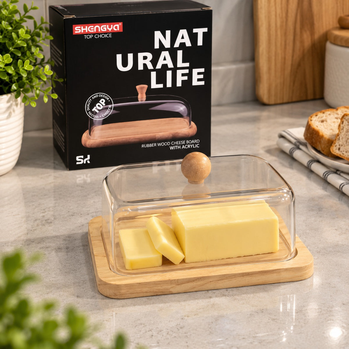 Plexiglass Butter Dish with Wooden Base & Clear Cover 15.5 × 13 cm