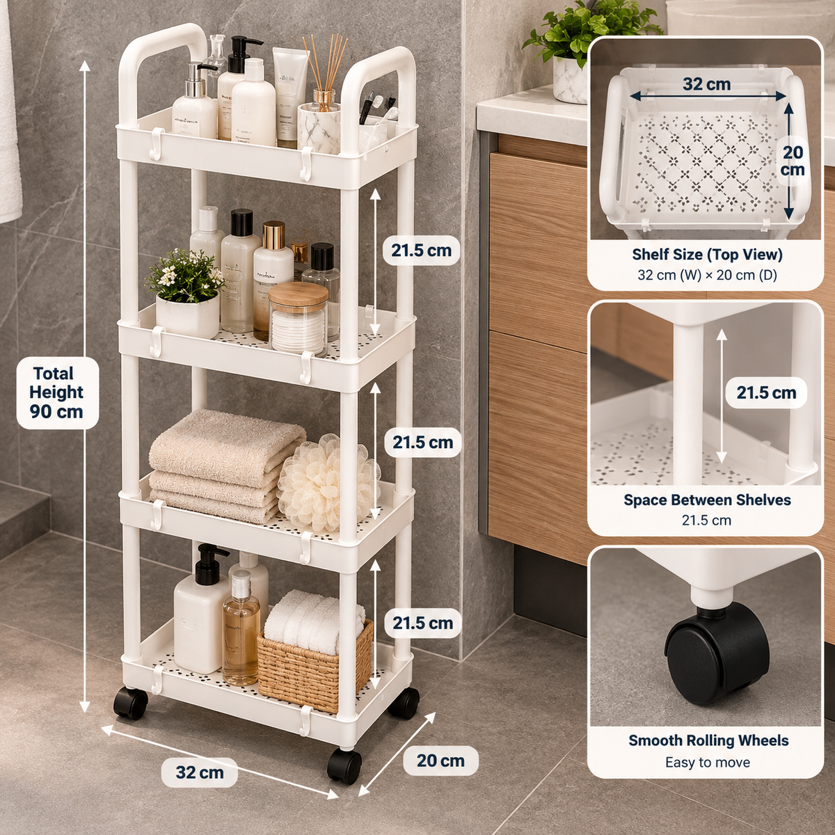 4 Tier Rolling Storage Rack Kitchen & Bathroom Organizer