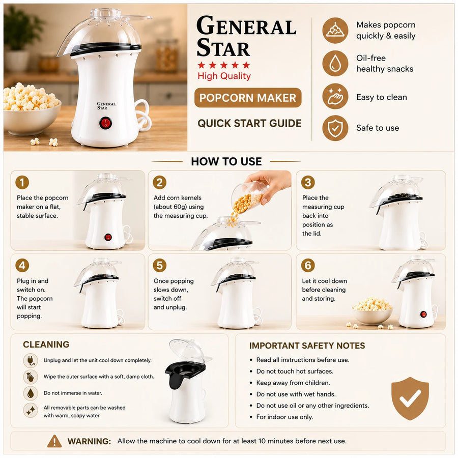 Popcorn Machine General Star Hot Air Oil Free Popcorn Maker Electric Popcorn Popper White