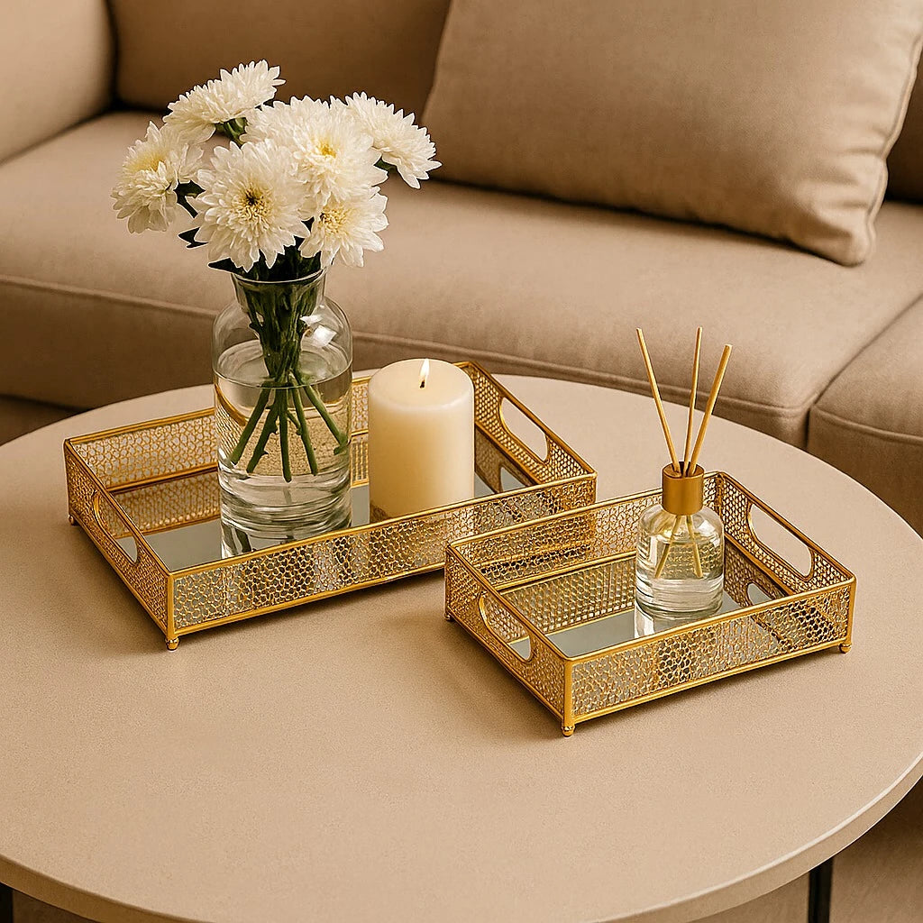 Gold Mesh Mirror Serving Trays 2 Pcs Set, 35×25 cm & 30×20 cm