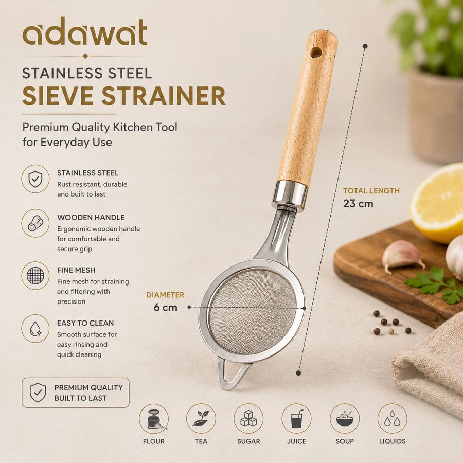 Adawat Stainless Steel Fine Mesh Tea Strainer Wooden Handle Kitchen Sieve Filter Strainer 6 cm 23 cm