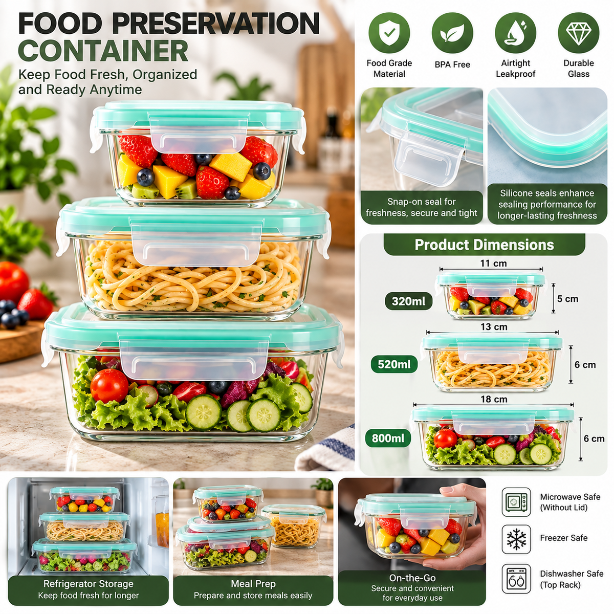 3 Piece Glass Food Container Set