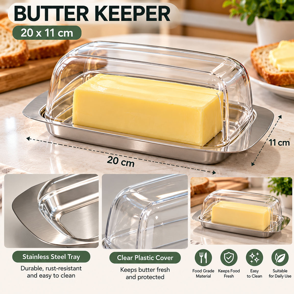 Stainless Steel Butter Keeper with Clear Cover