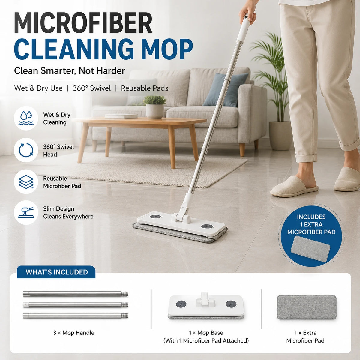 Flat Microfiber Mop Floor Cleaning Mop Reusable Cleaning Mop Wet Dry Floor Mop - Image 2